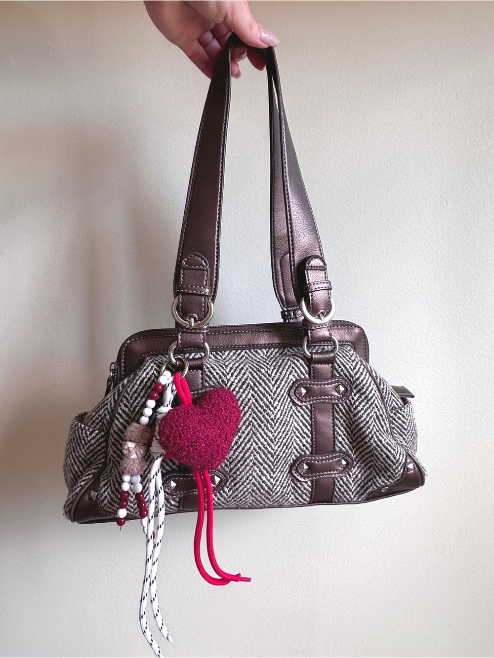 Nine West Wool Copper Brown and Cream Herringbone Shoulder Bag